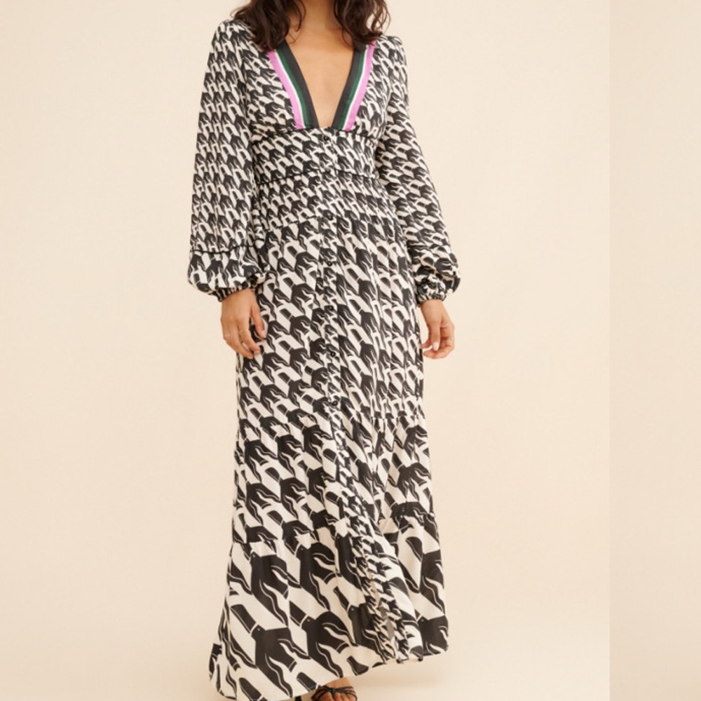 FARM Rio Black and White Patterned Dress with Pink and Green Accents